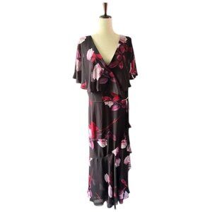 Adrianna Papell Women's Black Floral Capelet Flutter Sleeve Maxi Dress Plus 24W